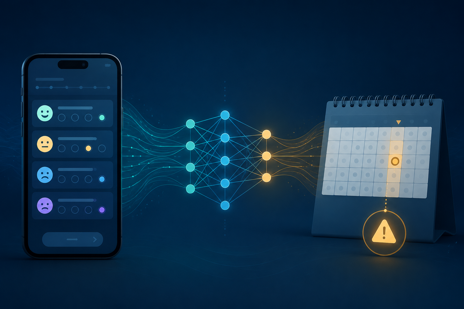 Smartphone daily check-in data flowing through a neural network toward a calendar warning indicator