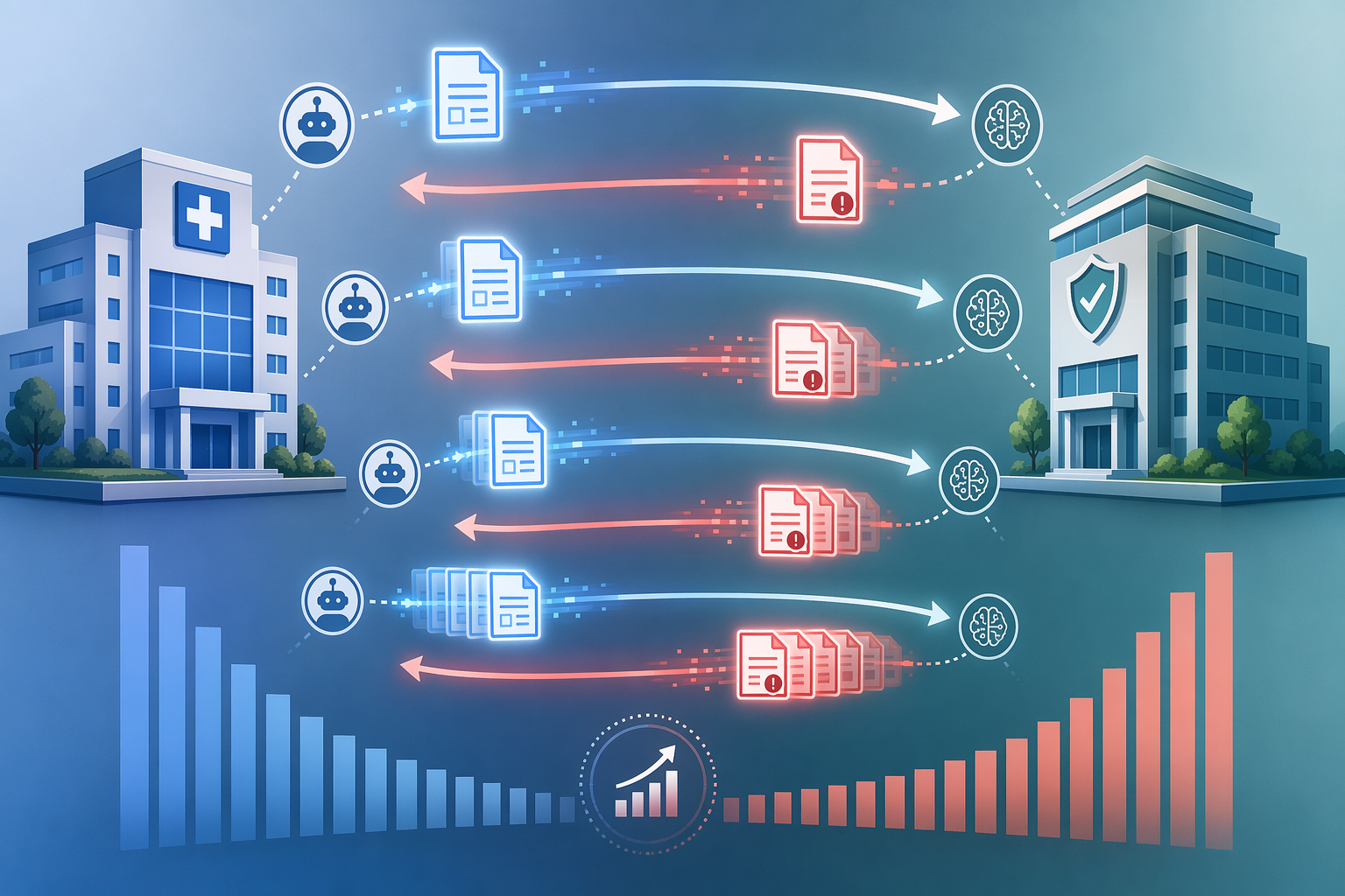 Illustration of provider and payer AI systems exchanging escalating prior authorization messages