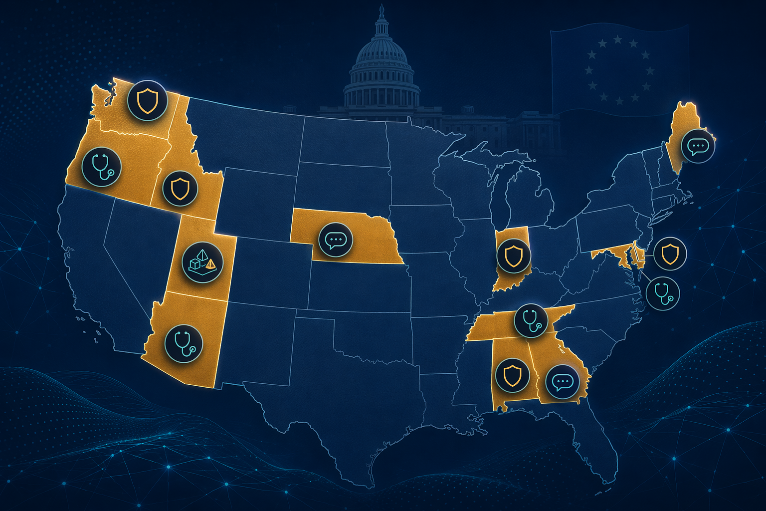 A stylized outline map of the United States with several states highlighted in amber-gold. Floating icon badges include a shield (insurer regulations), a stethoscope (provider restrictions), a chat bubble (AI chatbot laws), and a sandbox geometric icon (Utah sandbox). A faint federal building dome and EU flag icon sit in the background against a deep navy background with teal accents.