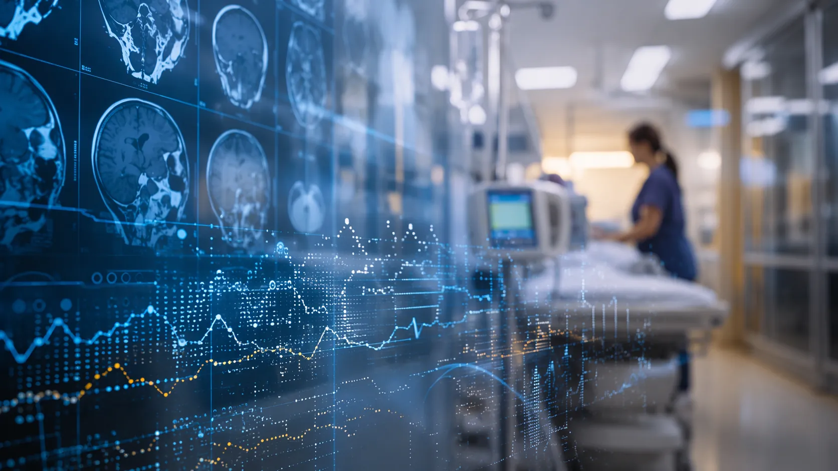 Hospital corridor with data overlays suggesting technology supporting pediatric cancer care