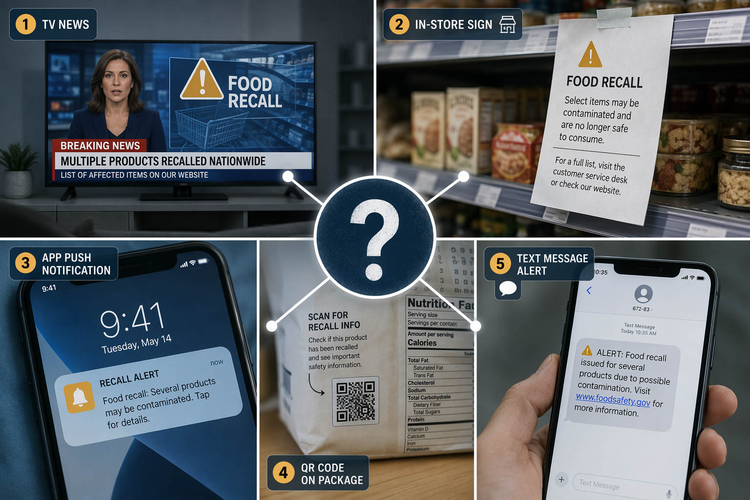 Multiple food recall notification channels surround a central question mark, including TV news, store signage, app alerts, QR codes, and text messages
