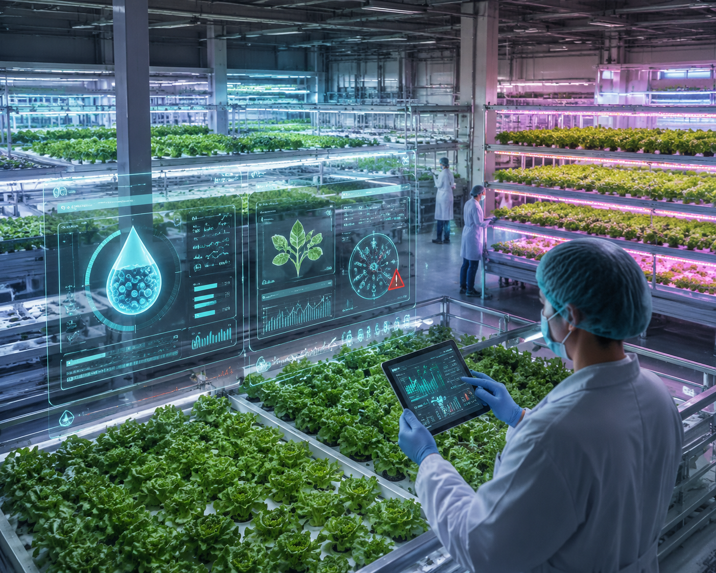 Indoor vertical farm with leafy greens under LED lights and digital water quality and pathogen monitoring displays