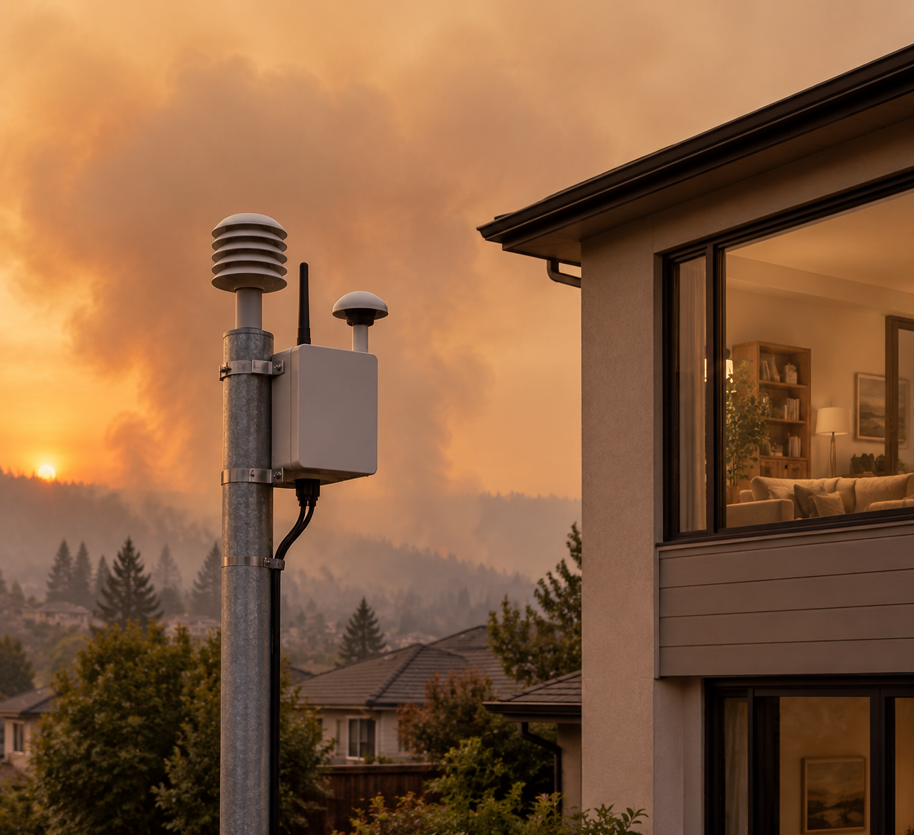 Outdoor air quality monitor near a home during hazy wildfire smoke, contrasting outdoor measurement with indoor breathing space
