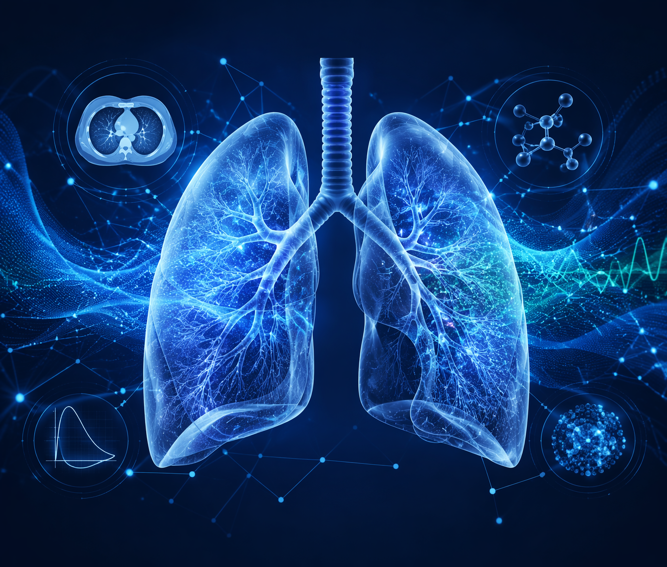 Translucent lungs surrounded by digital data streams, waveform lines, and icons for CT imaging, spirometry, and molecular analysis