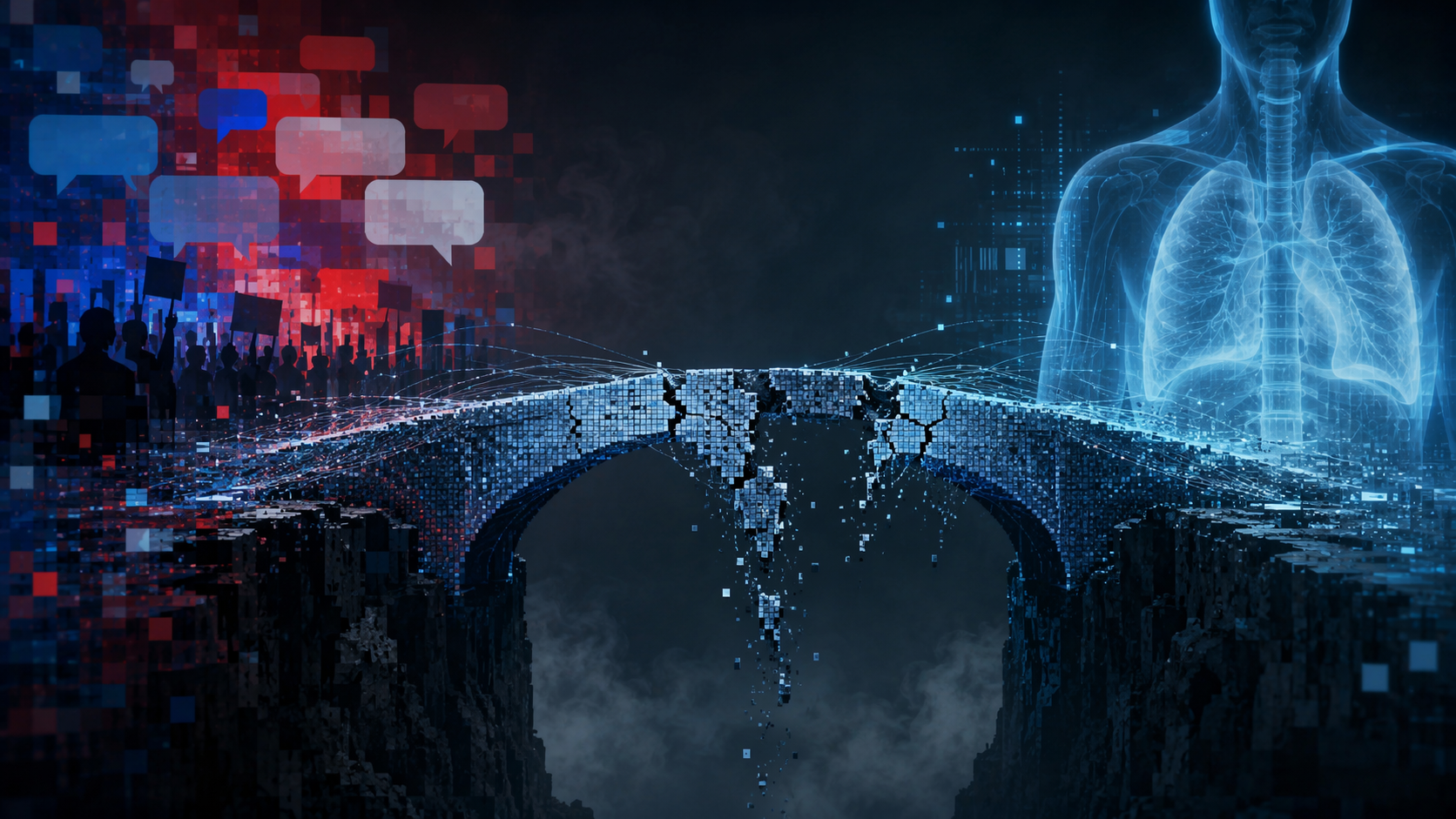 Pixelated bridge connecting political AI imagery to a glowing chest X-ray, with cracks showing trust erosion