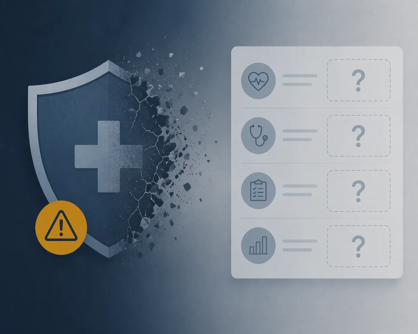Fading medical shield next to an incomplete safety checklist with question marks