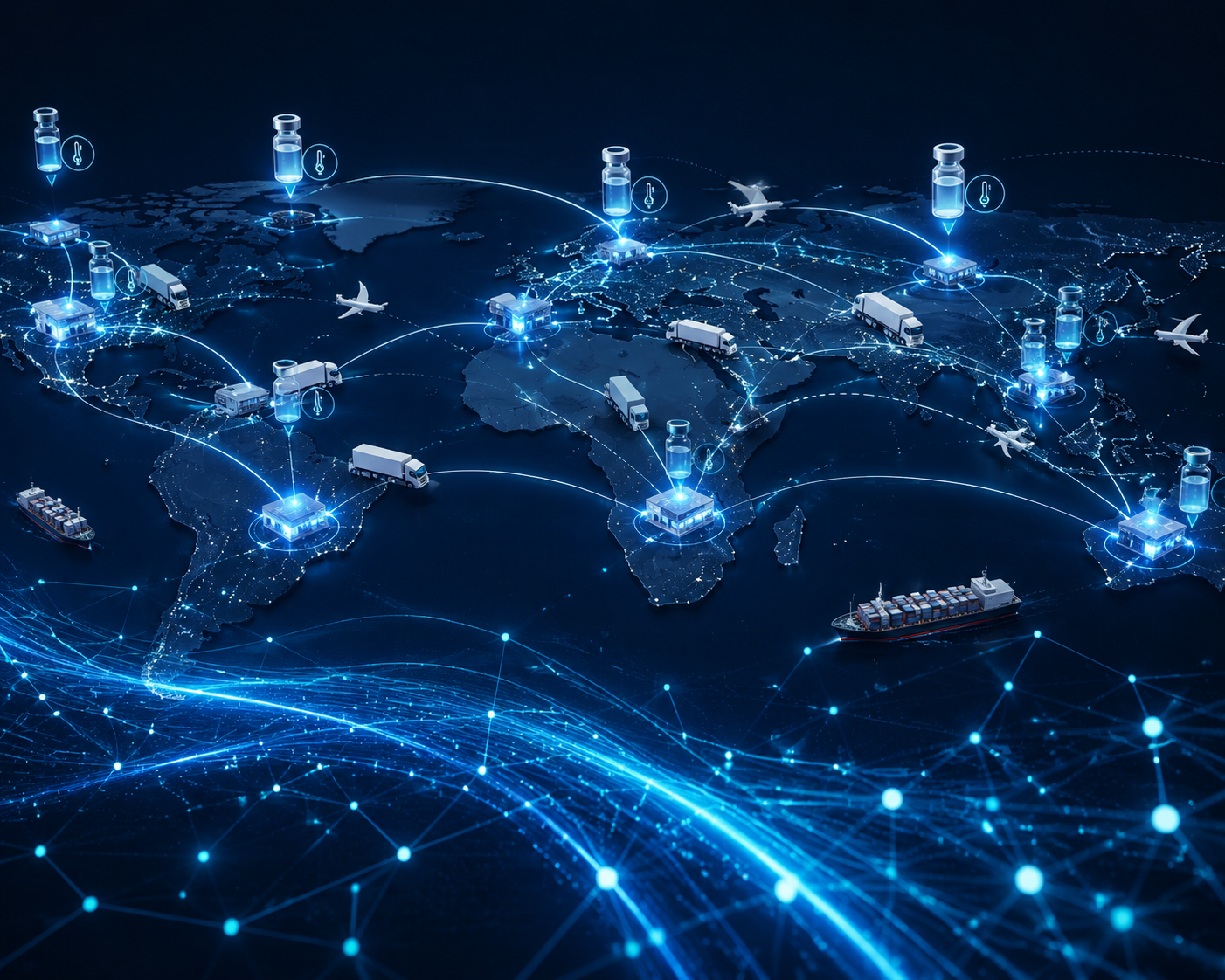 AI-powered vaccine distribution logistics across a stylized global map