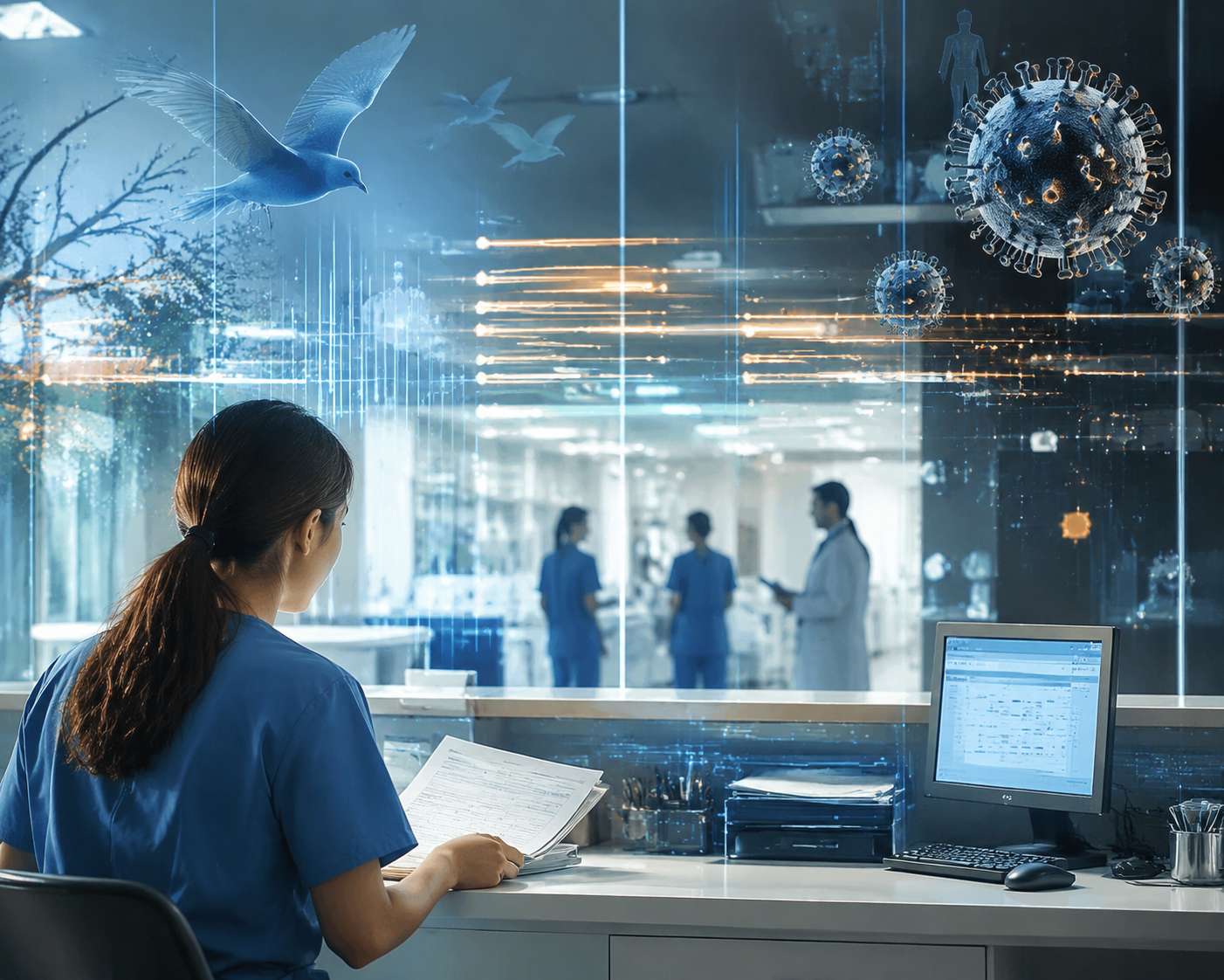 Modern emergency department triage desk with patient charts, scanning lines, data overlays, bird silhouettes, and viral particle shapes