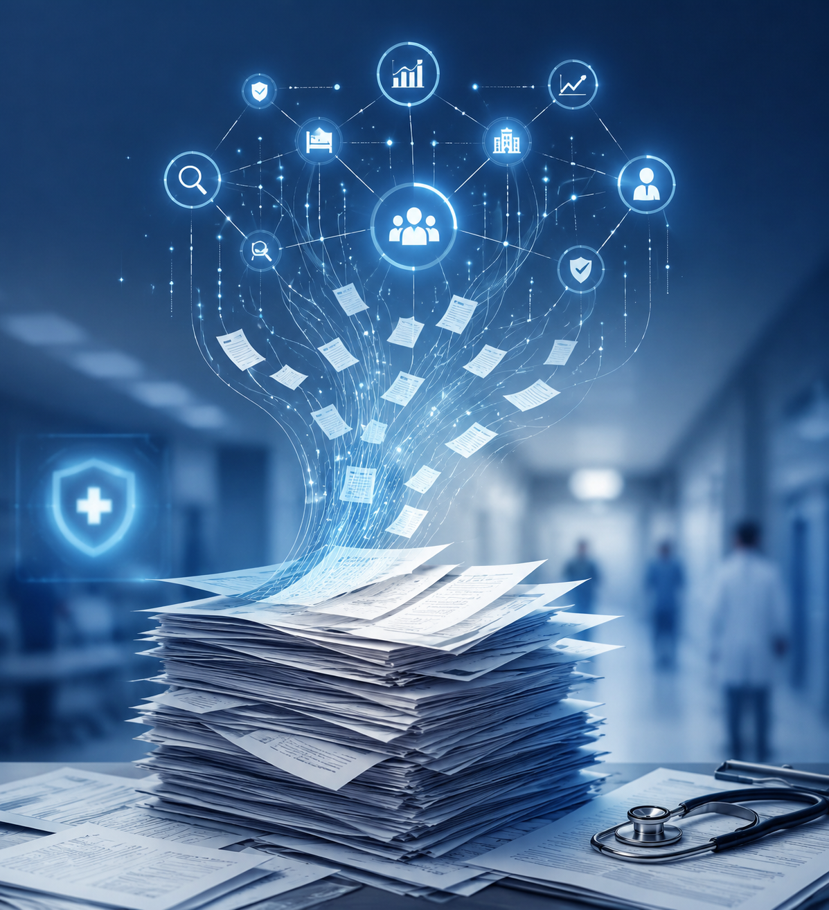 Stacked incident report pages transforming into organized connected safety intelligence nodes