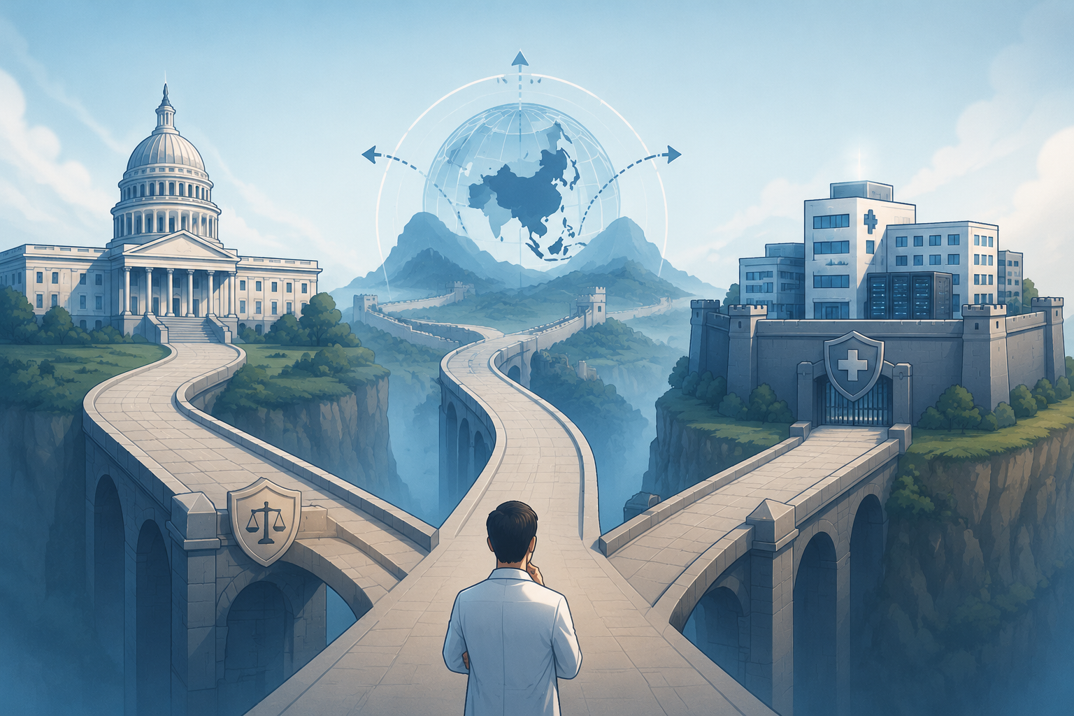 Three risk paths showing API vendor dependency, geopolitical exposure, and isolated self-hosted healthcare deployment