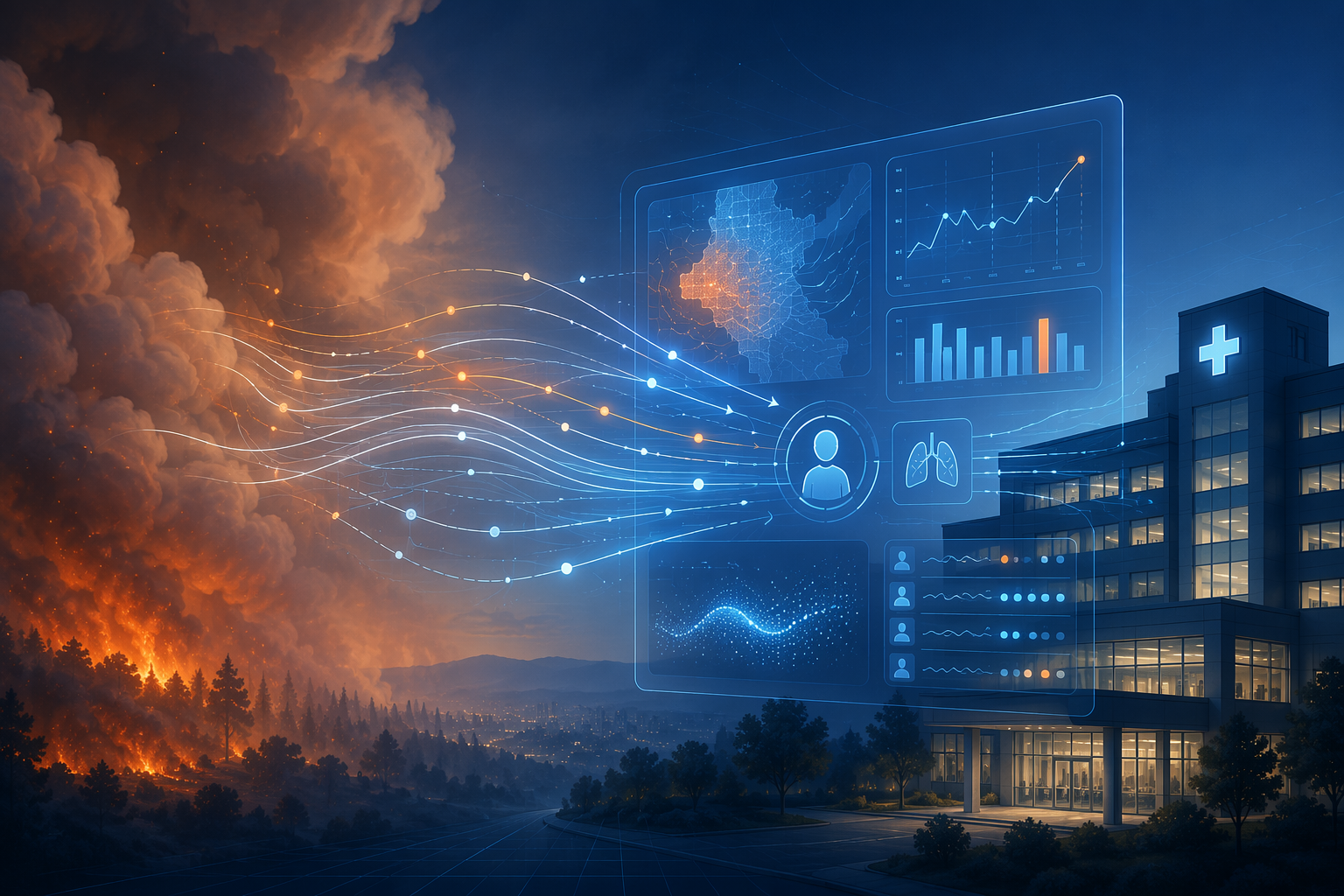 Hospital silhouette with digital forecasting data streams intersecting a wildfire smoke plume