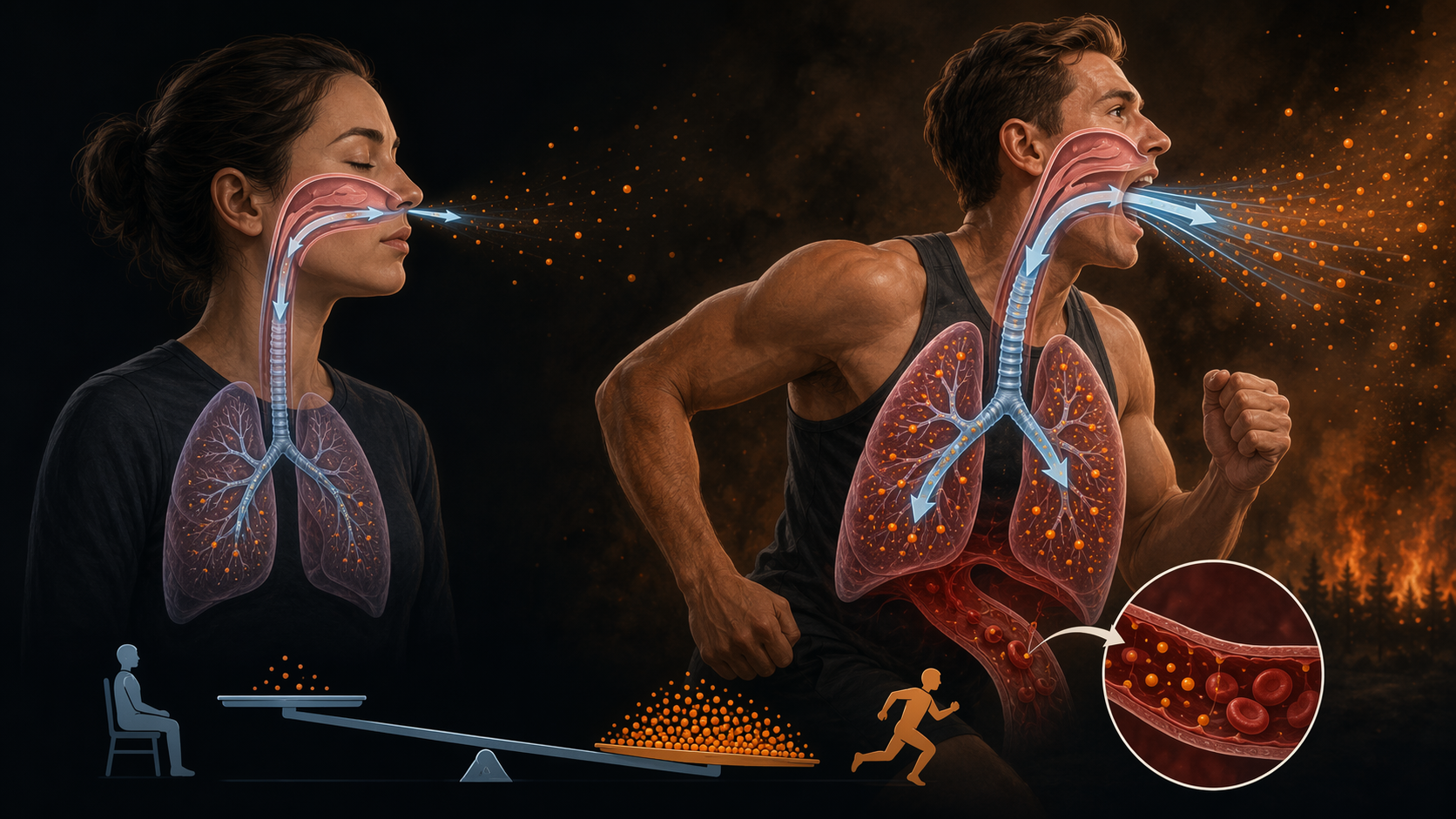 Illustration comparing PM2.5 inhalation at rest with amplified smoke inhalation during exercise