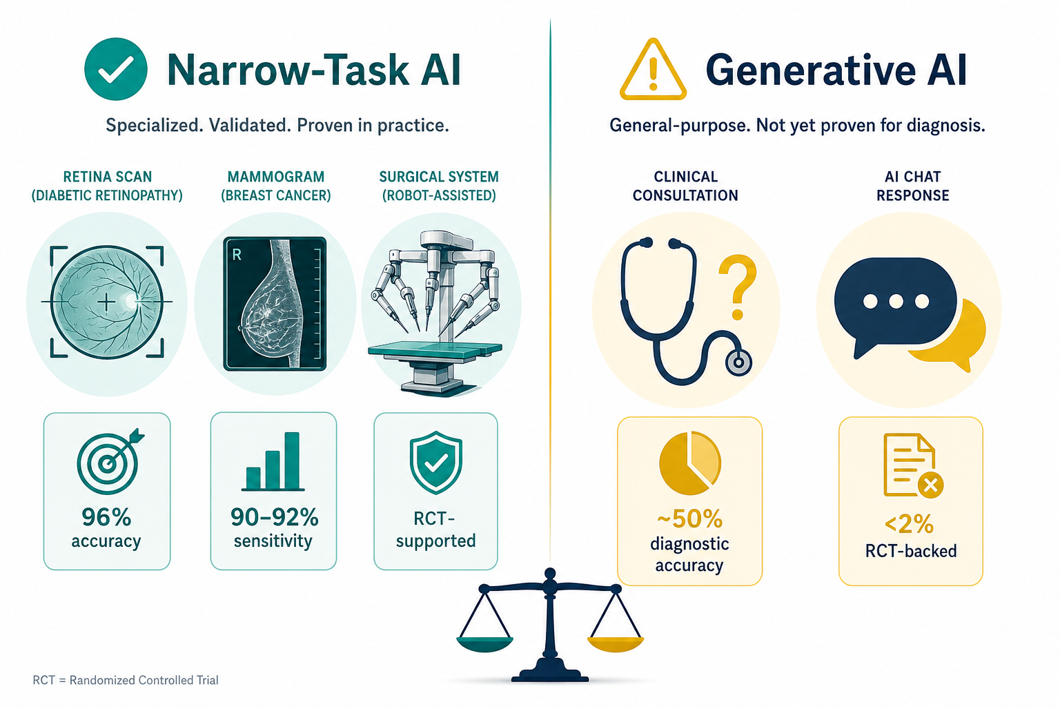 A split comparison visual with the left side labeled 'Narrow-Task AI' showing a green checkmark, retina scan and mammogram icons, and data badges reading 96% accuracy and RCT-supported; the right side labeled 'Generative AI' showing a yellow caution triangle, a stethoscope with question mark, and badges reading ~50% diagnostic accuracy and <2% RCT-backed, separated by a vertical divider on a white background.