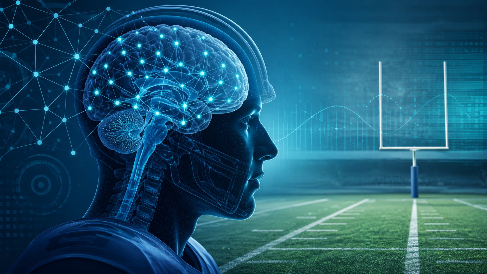 Athlete profile with neural network lines over a brain scan and sports field